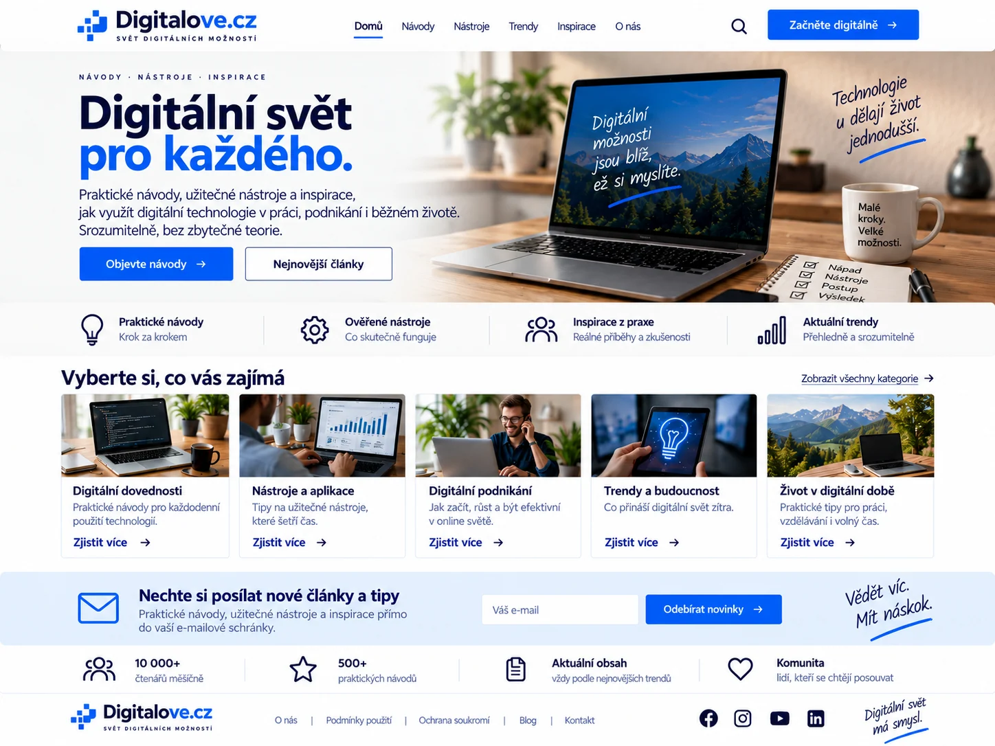 Ilustrační návrh možného webu Digitalove.cz zaměřeného na digitální dovednosti, nástroje, trendy a praktické návody